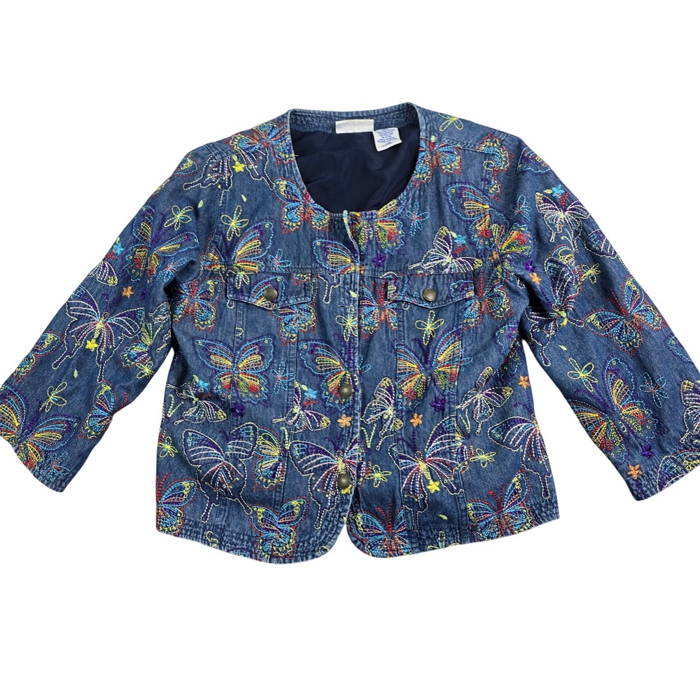 Vintage Y2K‎ Blair Butterfly Embroidered Denim Jacket Womens Medium Blue Boho
